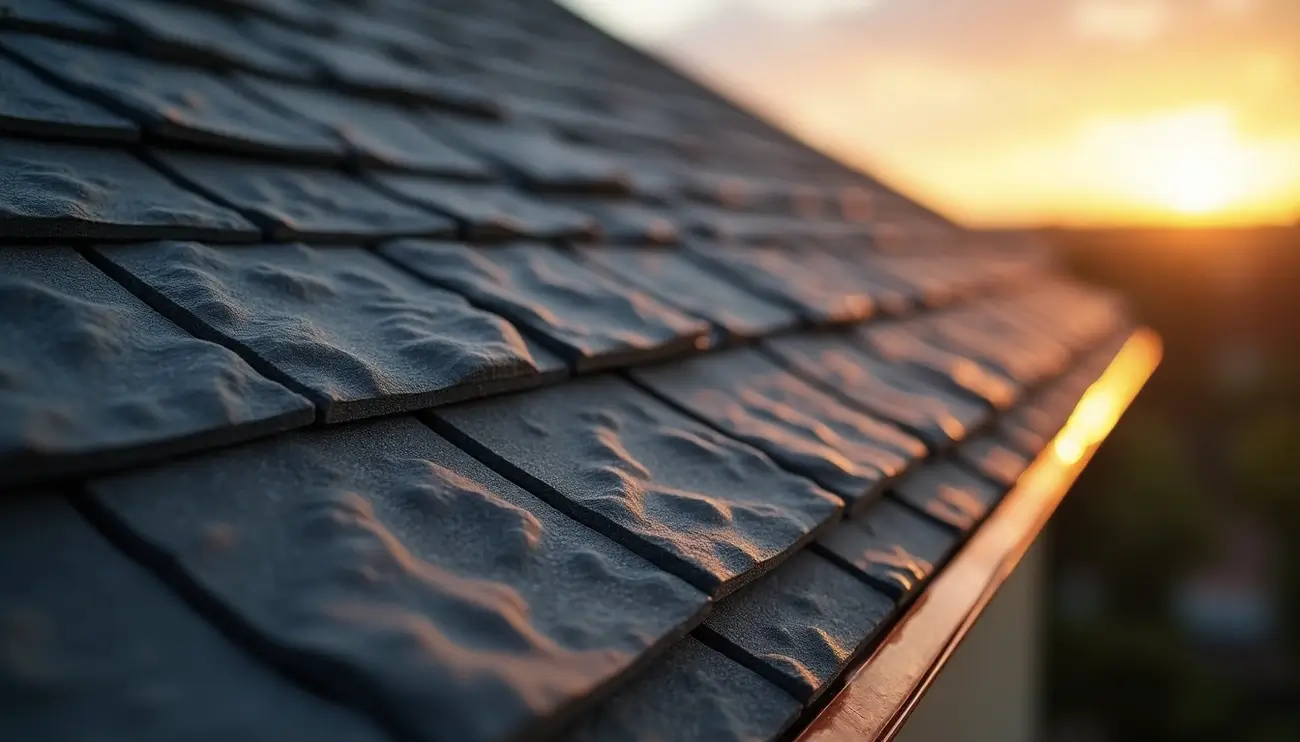 Close-up of shingle roofing at sunset