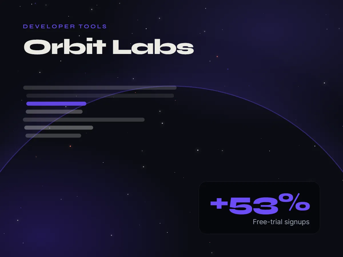 Orbit Labs developer tools website with unified documentation navigation and a code sample panel